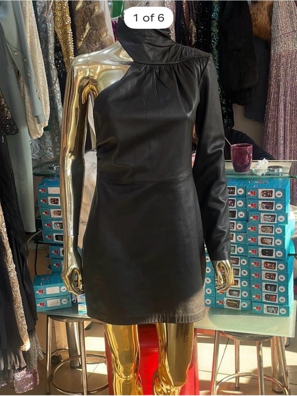 Zara Black One-Shoulder Long Sleeve Faux Leather Mini Dress